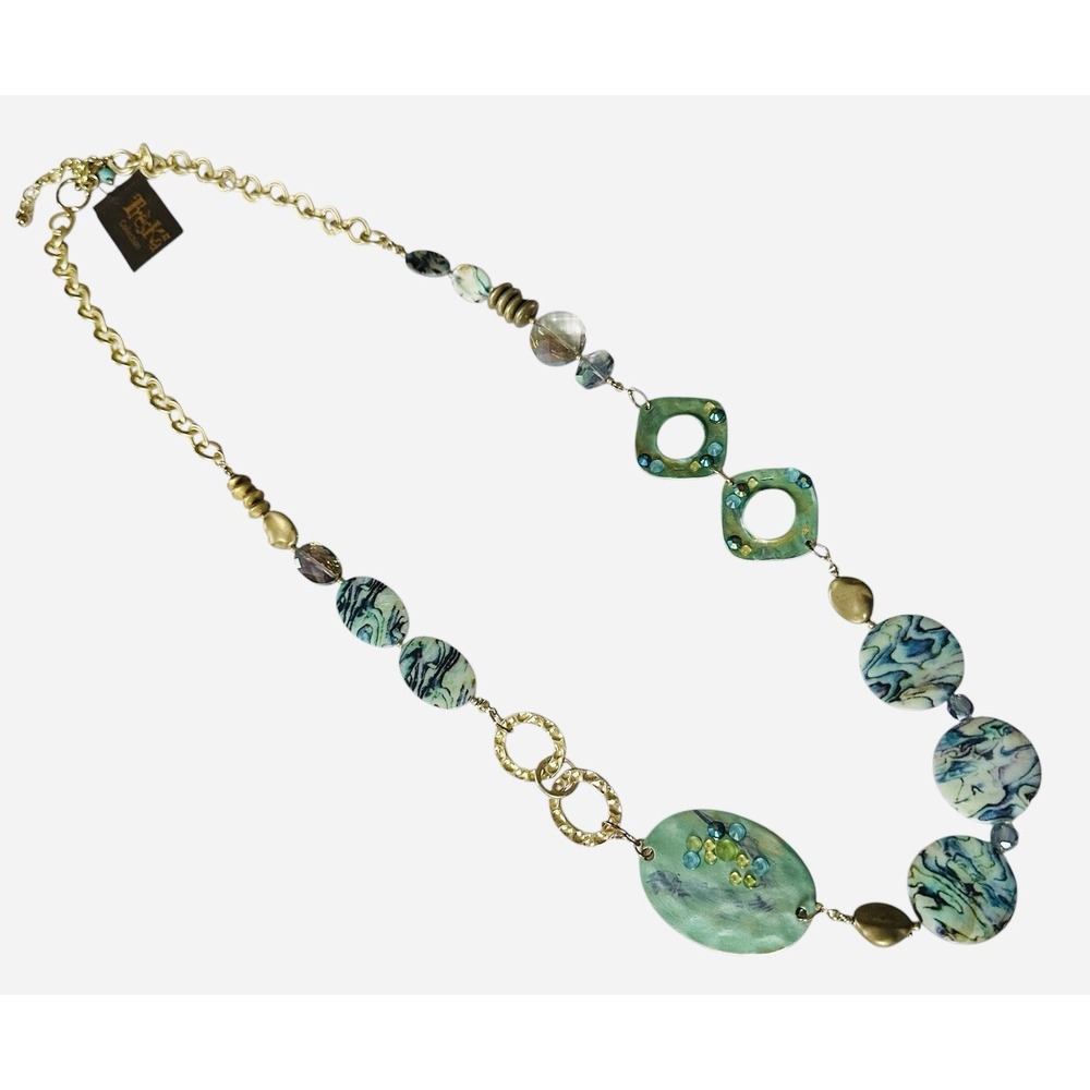 Treska Mint Green Gold Chain Long Statement Necklace Boho Gypsy Layering Beaded